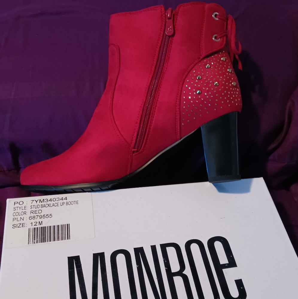 Red Studded Suede Ankle Booties with zipper